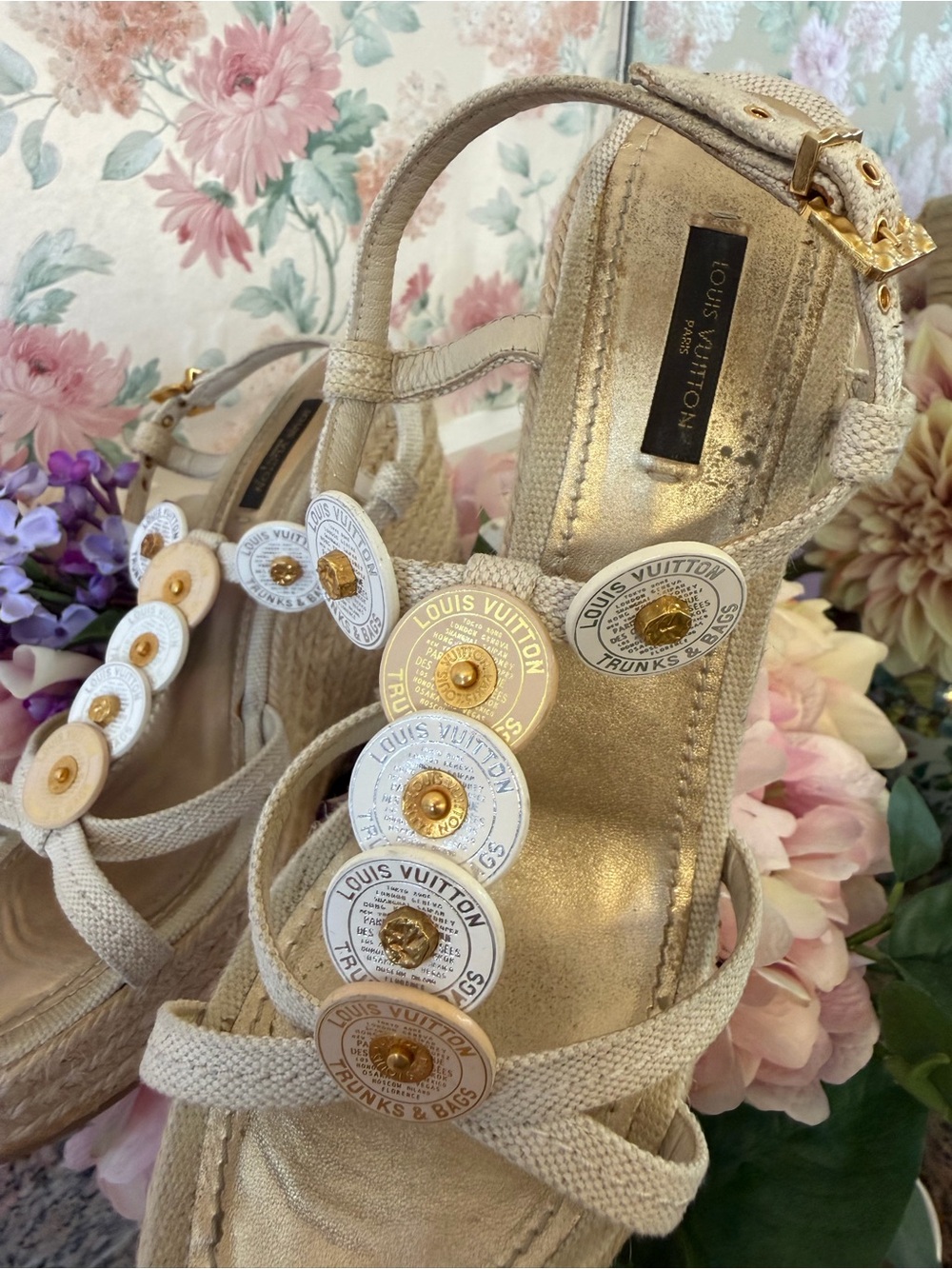 Louis Vuitton Beige and Gold Logo Disc Wedge Sandals
